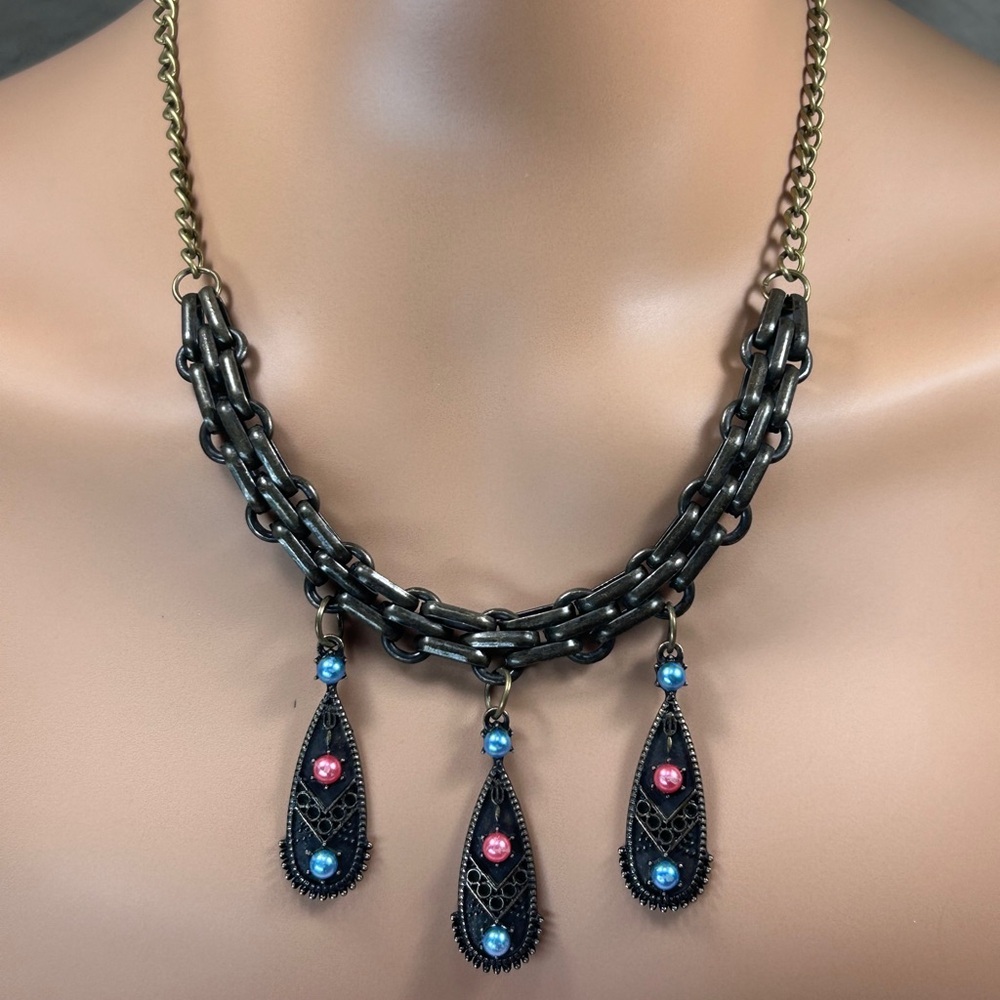 18” Antique Gold Chain Necklace with Pink and Blue Accents